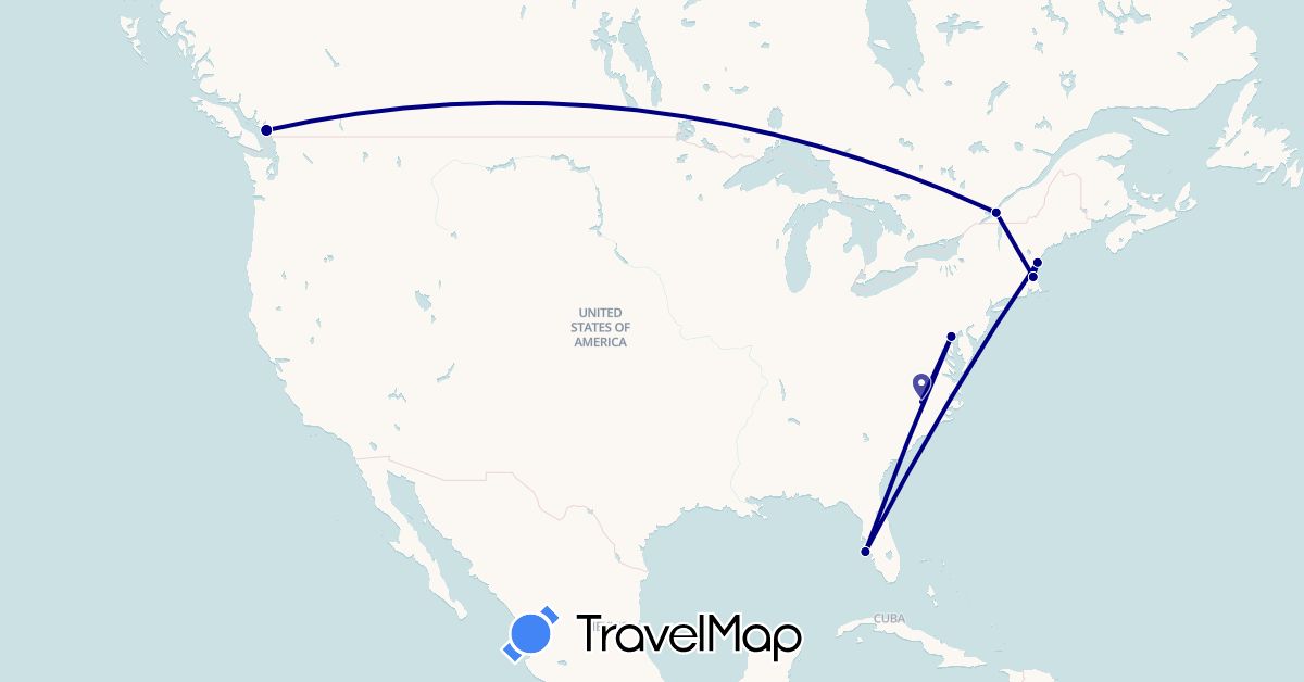 TravelMap itinerary: driving in Canada, United States (North America)